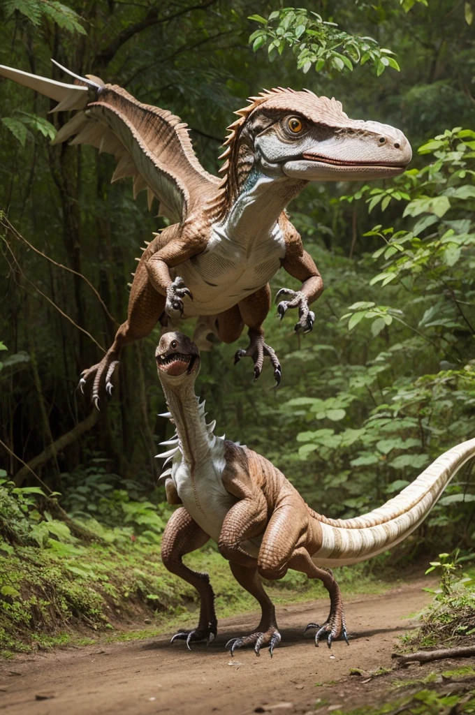 Velociraptor se escondendo na moita de uma floresta