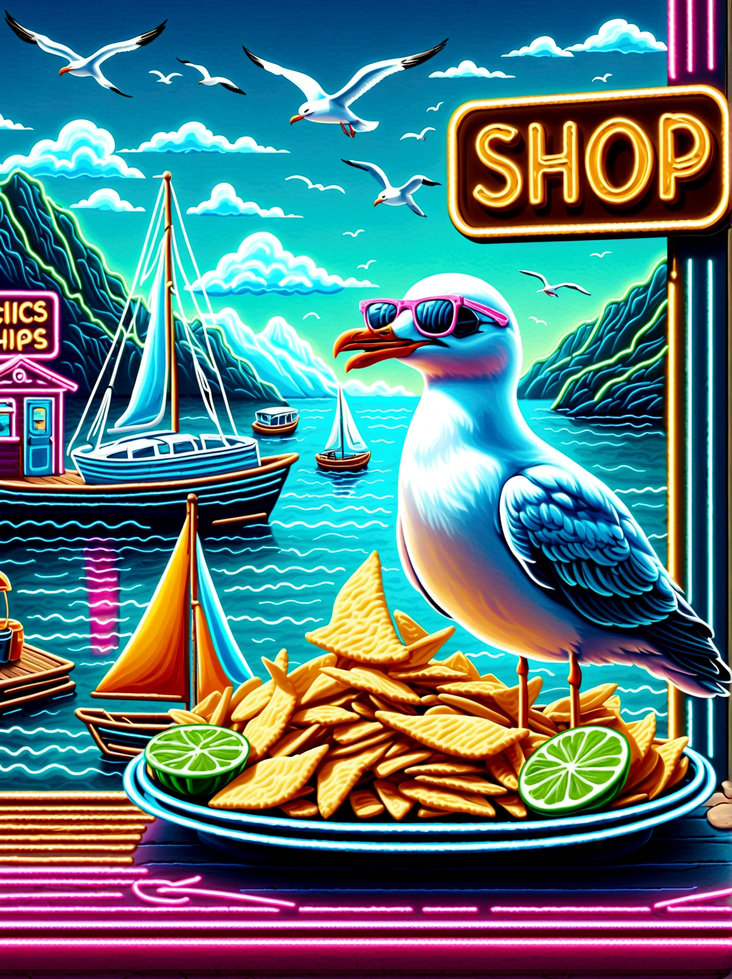 Neon，Shop sign，Dock scene，Chip Shop，sailboat，Cool seagull wearing sunglasses，Eat chips，发光的NeonShop sign，Ultra high saturation，Bright colors