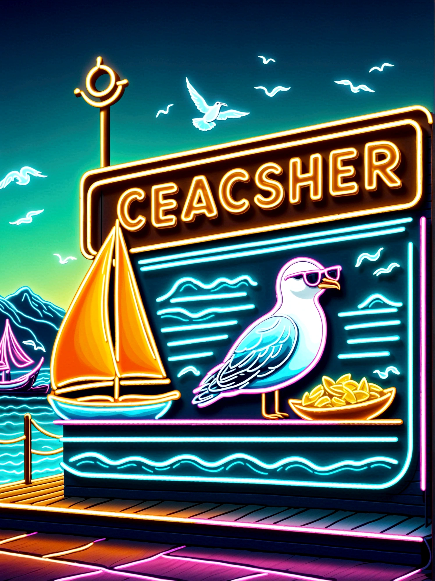 Neon,Shop sign,Dock scene,Chip Shop,sailboat,Cool seagull wearing sunglasses,Eat chips,发光的NeonShop sign,Ultra high saturation,Bright colors