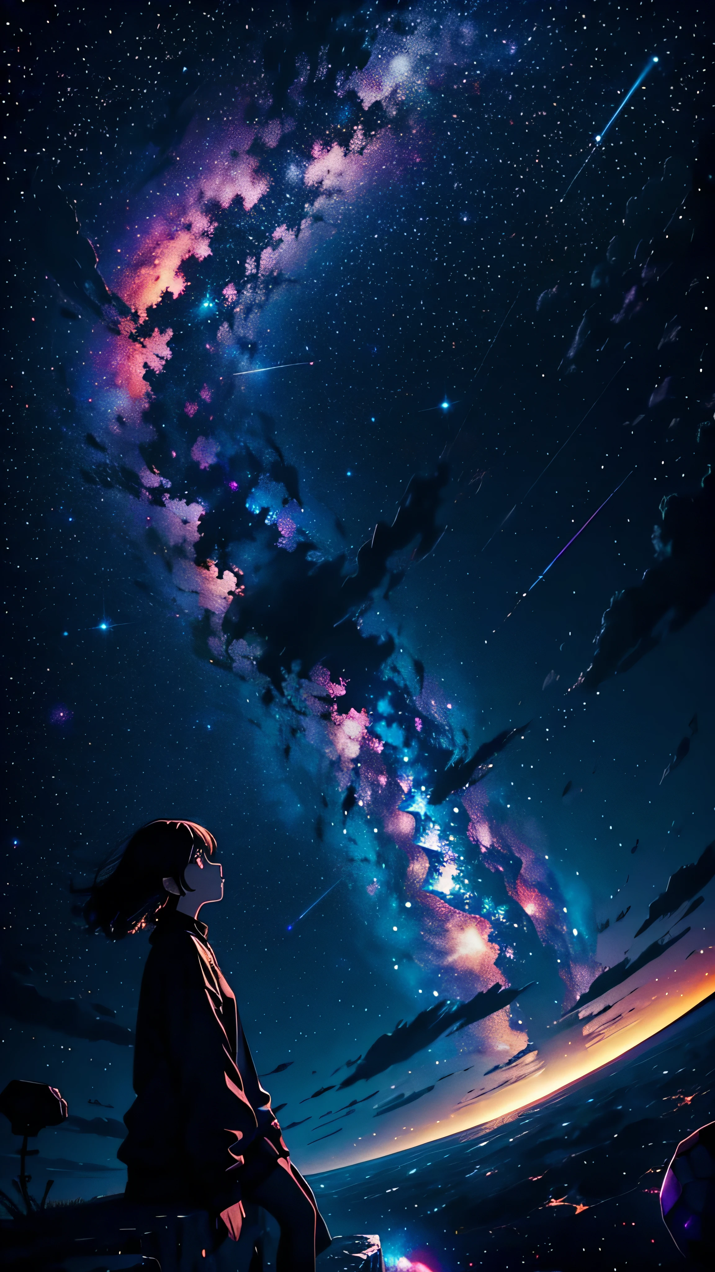 A lonely girl floating in the vast universe, Enchanted by the enchanting constellations, Against a contrasting background of darkness and vibrant colors.