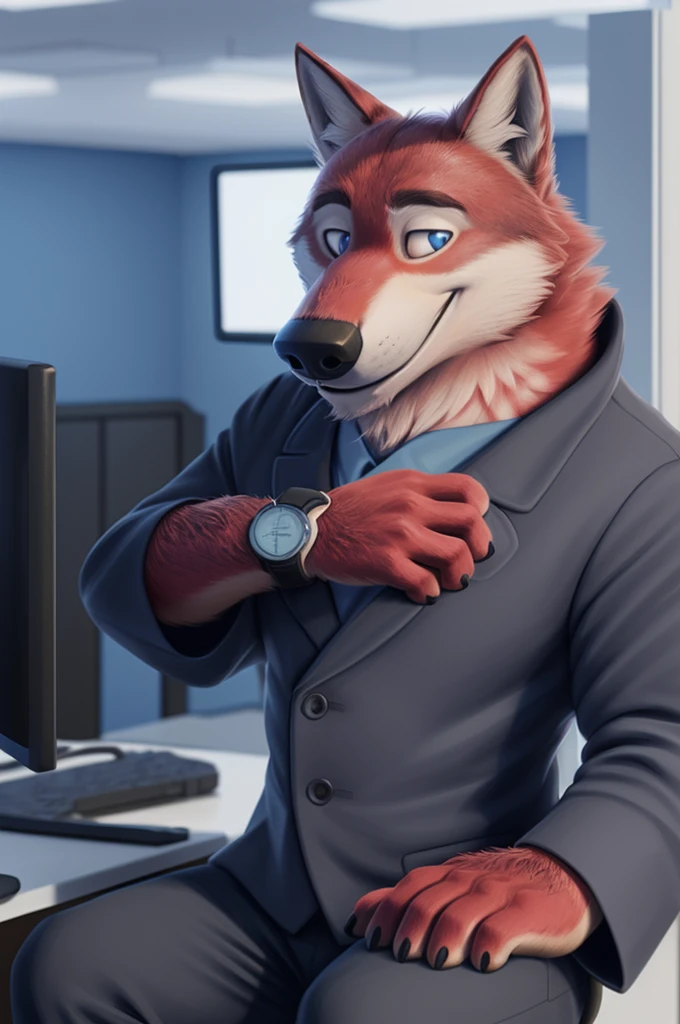 Ivan Fedorovich Wolfbach (Novosibirsk) ,tall handsome, wolf,young, 24 years, brown fur,Kind,(red body:1.3),beautiful blue eyes,Novosibirsk,dressed, white medina robe, stethoscope,Dr,shirt,black tie,trousers,canine, wolf, detailed fur, male, antro, paw pads, finger claws,at viewer, 5 fingers, paws, 5 fingers, smile, wrist watch, т nextel,by xenoforge, (difficult, high detail, digital photography, soft focus, RAW species театр,very close to the camera, species,Novosibirsk, smile, a good mood, positive, very close to the camera,sitting in the office, with newborns, stethoscope,
Photorealism, realistic, photorealistic, digital style, Subsurface scattering,Looking at the viewer,hugs the she-wolf,
masterpiece, Best quality, ultra realistic, 8 k)