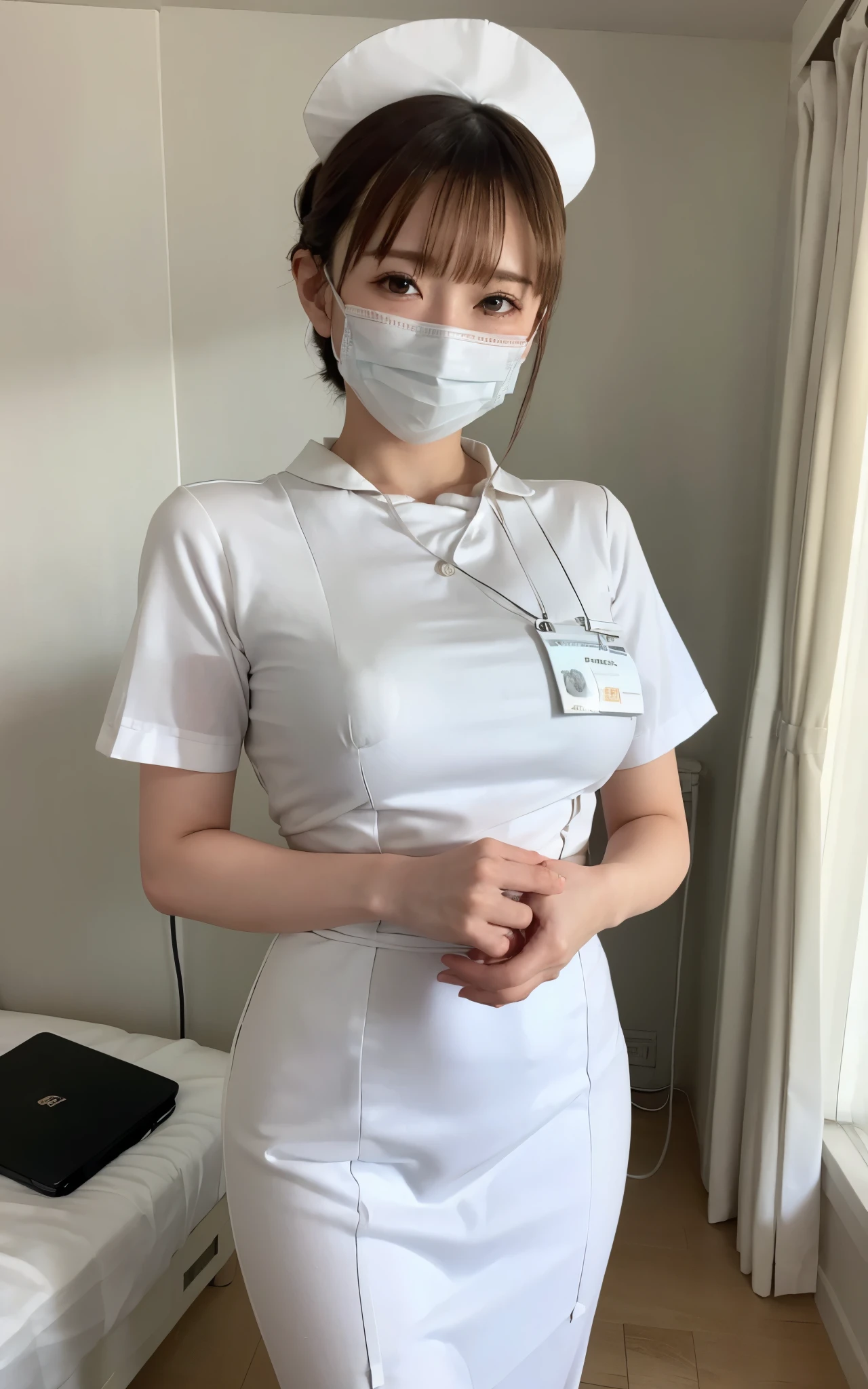 1 girl,(Wearing white nurse clothes:1.2),(RAW photo, highest quality), (realistic, photo-realistic:1.4), masterpiece, very delicate and beautiful, very detailed, 2k wallpaper, wonderful, finely, very detailed CG unity 8k wallpaper, Super detailed, High resolution, soft light, beautiful detailed girl, very detailed eyes and face, beautifully detailed nose, finely beautiful eyes, nurse, perfect anatomy, black hair, updo hairstyle, nurse uniform, ((mask)), long skirt, nurse, white costume, thin, hospital, clear, white uniform, hospital room, auscultation of the neck,bob cut