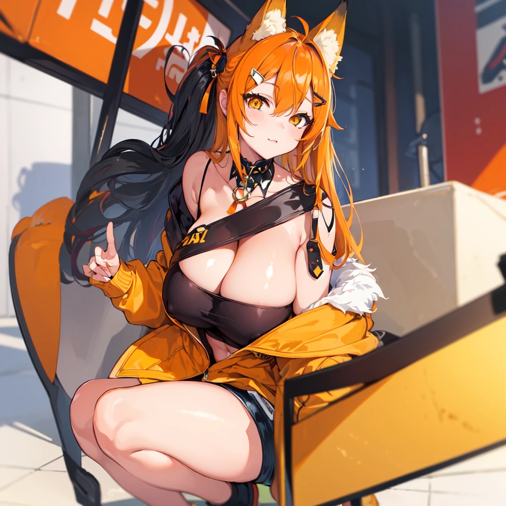 masterpiece, best quality, finely detailed, 1 girl, (bishoujo), cute, (huge boobs), (cleavage), fox ears, fox girl, black hair, yellow bangs, orange eyes, race queen, shorts, full body, hairpins