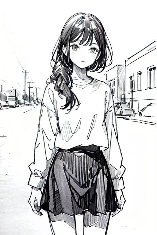 One Girl,Line art,Monochrome,sketch,Pencil drawing,Traditional Media,One Girl, 黒いskirtフェンス, Long Hair Shirt, Long sleeve, skirt, alone、Are standing、Cute Teenage Girl, ,Beautiful portrait、Delicate body、Esbian all over、Black Hair、Black Hair,landscape