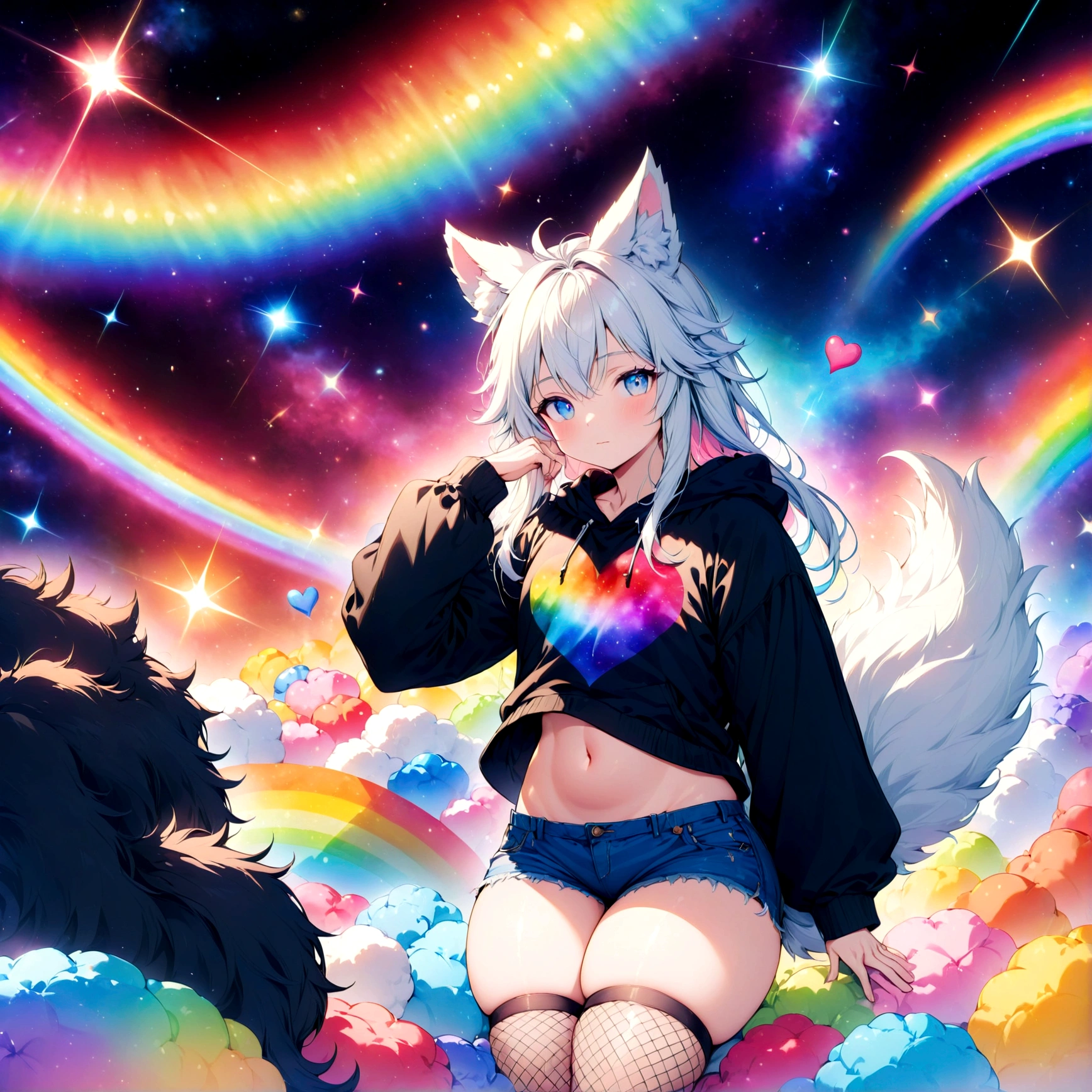 a cute adult male with wolf ears, long white hair, long locks, has a wolf tail, wearing a loose cropped oversized black hoodie, wearing a pair of denim short shorts and fishnet stockings, thick thighs, wide hips, relaxing on mound of fluffy multi colored kawaii plushies, short, very slim, showing slender tummy, heart on hoodie, squishy thighs, has glowing blue eyes. alone, solo (ALONE)(SOLO), surrounded by rainbows, colorful galaxy backround