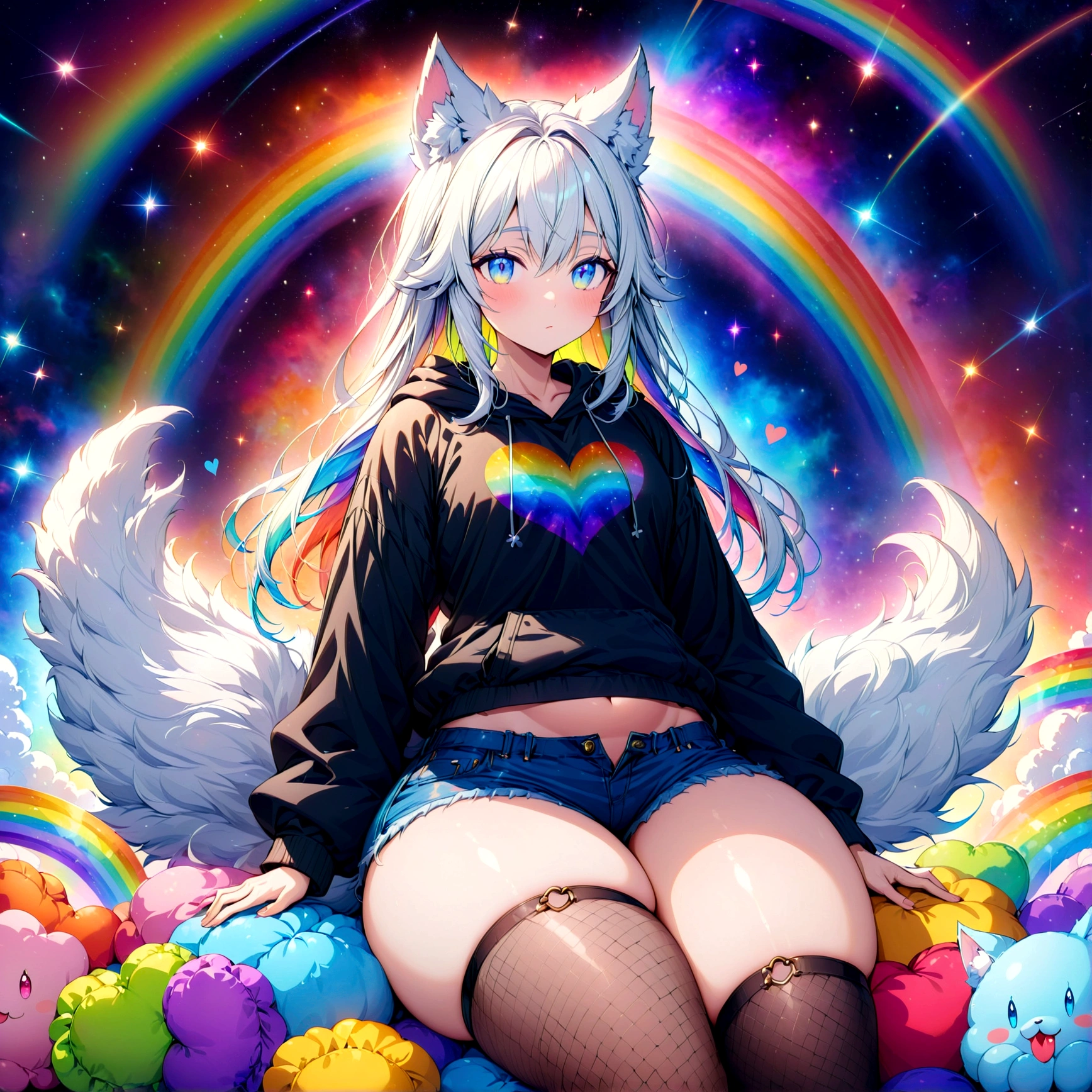 a cute adult male with wolf ears, long white hair, long locks, has a wolf tail, wearing a loose cropped oversized black hoodie, wearing a pair of denim short shorts and fishnet stockings, thick thighs, wide hips, relaxing on mound of fluffy multi colored kawaii plushies, short, very slim, showing slender tummy, heart on hoodie, squishy thighs, has glowing blue eyes. alone, solo (ALONE)(SOLO), surrounded by rainbows, colorful galaxy backround
