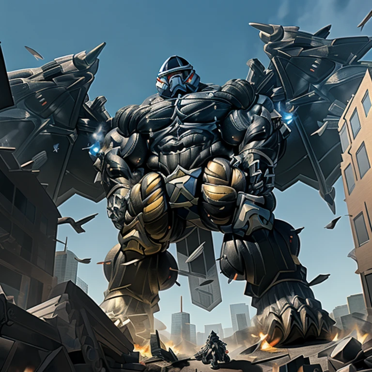 (masterpiece. official art. 8k. best quality. detailed full body. full body.)
A man in stylish armor fights against the magnificent biomechanical LUCARIO.
(situation 1 : dominating LUCARIO. focus GIANT mechanical Muscular LUCARIO is trampling the CITY. macro. stomp. Low-angle perspective. emphasizing the immense size. The perspective is from below, emphasizing the sheer majesty and power of the Giant. giant art. He is much bigger than a skyscraper. Giga Giants. micro soccer field. looking down.)
(situation 2 :smoke and flames rising from the destruction in the city)
(Additional details 1: wearing a full-face helmet. helmet is jet black. The color of NANOSUIT is jet black. high-tech bio-mecha armor. real texture material. whole body shines like metal. Wearing cyberpunk mecha. emphasizes the muscles. suit fully made of metal. intricate armor. Robotic suit. suit fully made of metal. NANOSUIT with the same design as LUCARIO.).
(Additional details 2: (Detailed head. Detailed Body. Detailed abs. gigantic muscles. HYPER MUSCLES. Gigachad Muscular. big muscle. pecs. triceps. traps. unusually developed muscular body. body full of huge muscles. showing off muscles. pectorales enormes. Exaggeratedly huge muscles. huge muscles. long legs.).
(Additional details 3: nj5furry, Spread wings. It has wings. black have big wings. The claws are sharp. Sharp teeth.5 toes.).