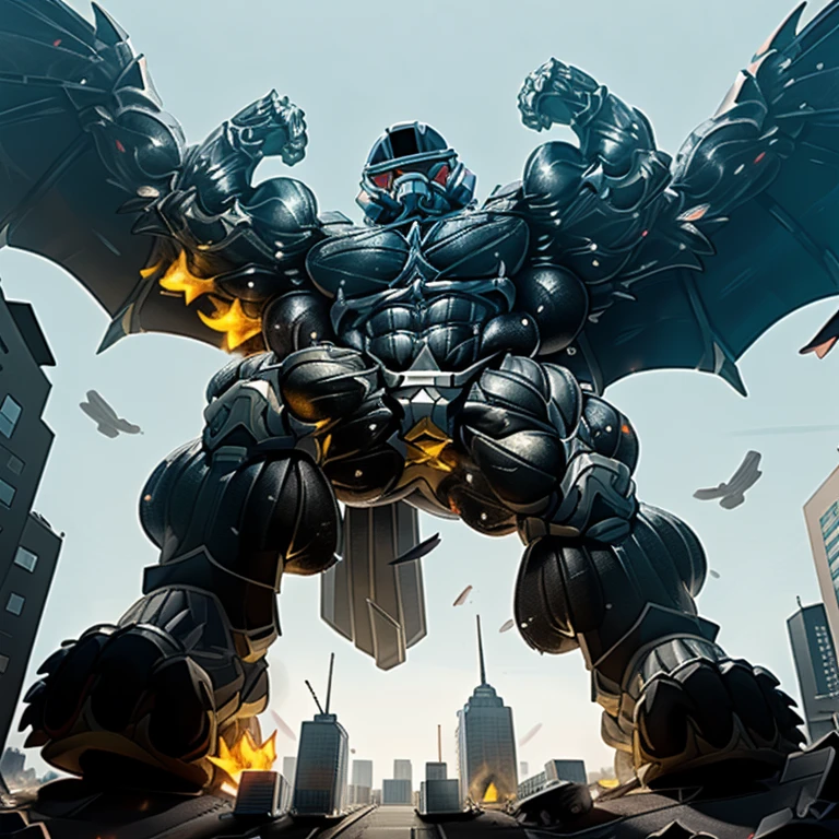 (masterpiece. official art. 8k. best quality. detailed full body. full body.)
A man in stylish armor fights against the magnificent biomechanical LUCARIO.
(situation 1 : dominating LUCARIO. focus GIANT mechanical Muscular LUCARIO is trampling the CITY. macro. stomp. Low-angle perspective. emphasizing the immense size. The perspective is from below, emphasizing the sheer majesty and power of the Giant. giant art. He is much bigger than a skyscraper. Giga Giants. micro soccer field. looking down.)
(situation 2 :smoke and flames rising from the destruction in the city)
(Additional details 1: wearing a full-face helmet. helmet is jet black. The color of NANOSUIT is jet black. high-tech bio-mecha armor. real texture material. whole body shines like metal. Wearing cyberpunk mecha. emphasizes the muscles. suit fully made of metal. intricate armor. Robotic suit. suit fully made of metal. NANOSUIT with the same design as LUCARIO.).
(Additional details 2: (Detailed head. Detailed Body. Detailed abs. gigantic muscles. HYPER MUSCLES. Gigachad Muscular. big muscle. pecs. triceps. traps. unusually developed muscular body. body full of huge muscles. showing off muscles. pectorales enormes. Exaggeratedly huge muscles. huge muscles. long legs.).
(Additional details 3: nj5furry, Spread wings. It has wings. black have big wings. The claws are sharp. Sharp teeth.5 toes.).