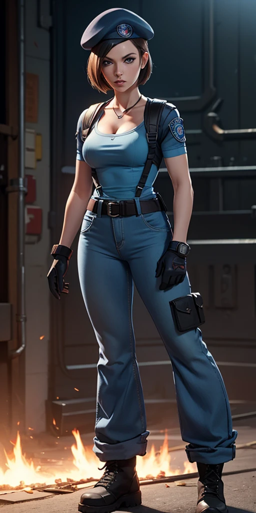Jill Valentine, masterpiece, best quality, 1girl, solo, standing, jillre1, beret, uniform, shoulder pads, short sleeves, harness, belt, bell-bottom blue pants(Wide flares on pants:1.2), cleavage, black combat boots, full body, perfect blue eyes, perfect red mouth,