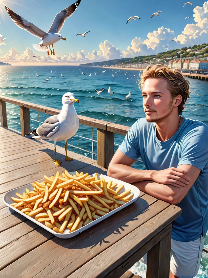 (best quality,4k,8k,highres,masterpiece:1.2),ultra-detailed,(realistic,photorealistic,photo-realistic:1.37),illustration,a seagull stealing french fries,on a wooden pier,ocean,seagulls,bokeh,clouds,sunny,HDR,a man watching with amusement,in the style of Josh Byerly