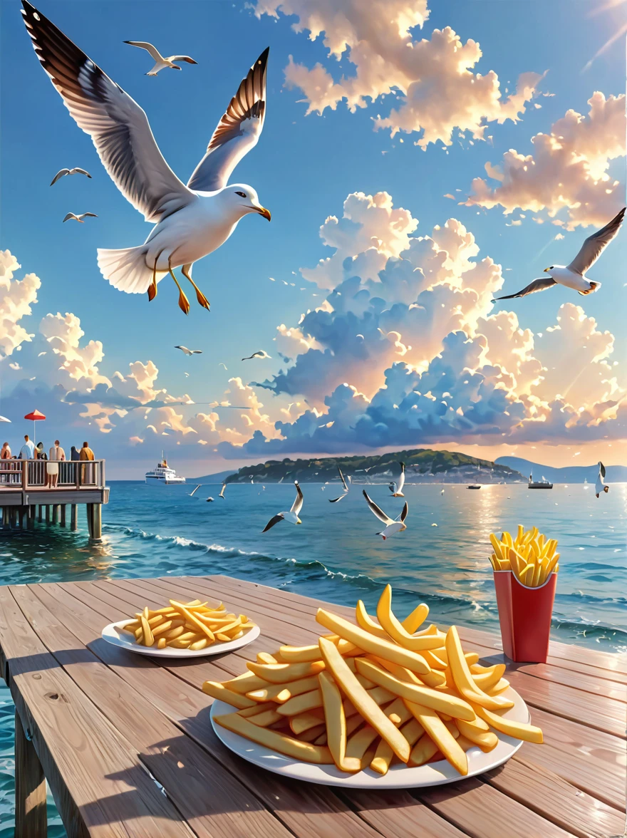 (best quality,4k,8k,highres,masterpiece:1.2),ultra-detailed,(realistic,photorealistic,photo-realistic:1.37),illustration,a seagull stealing french fries,on a wooden pier,ocean,seagulls,bokeh,clouds,sunny,HDR,a man watching with amusement,in the style of Josh Byerly