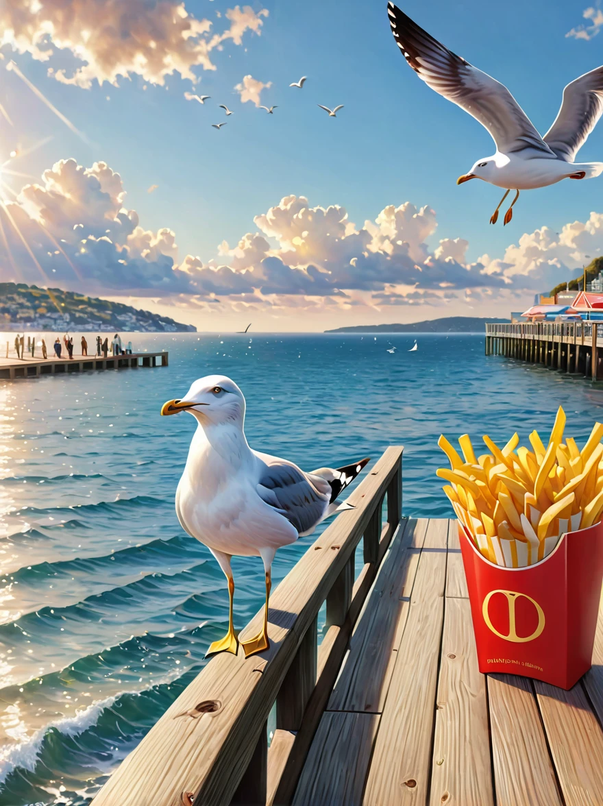 (best quality,4k,8k,highres,masterpiece:1.2),ultra-detailed,(realistic,photorealistic,photo-realistic:1.37),illustration,a seagull stealing french fries,on a wooden pier,ocean,seagulls,bokeh,clouds,sunny,HDR,a man watching with amusement,in the style of Josh Byerly