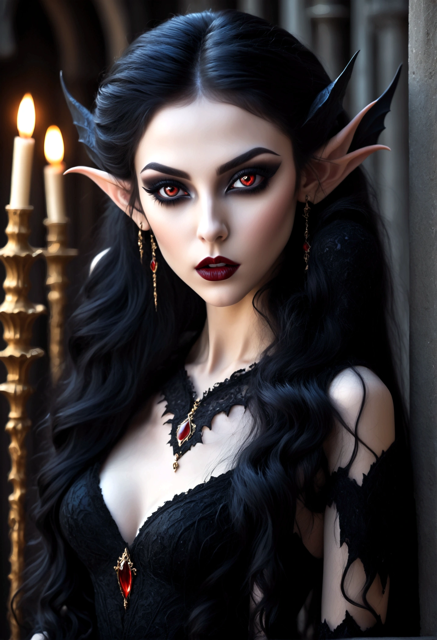 Create an image of the most stunningly gorgeous beautiful perfect sexy vampire elf, beautiful perfect face, long luscious eyelashes, black eyeliner, perfect makeup, lipstick, vibrant detailed vampire slit pupils, luscious black hair, highlights in hair, seductive gothic intricate black dress, full body view,