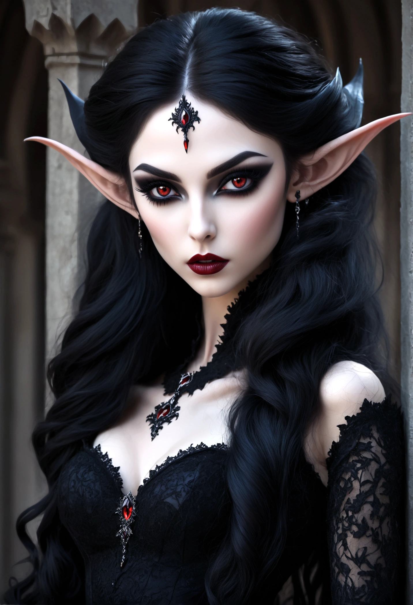Create an image of the most stunningly gorgeous beautiful perfect sexy vampire elf, beautiful perfect face, long luscious eyelashes, black eyeliner, perfect makeup, lipstick, vibrant detailed vampire slit pupils, luscious black hair, highlights in hair, seductive gothic intricate black dress, full body view,