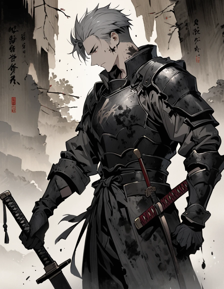 Man with long grey hair 28 years old Putting a Japanese sword into its sheath Black armor is dirty and cracked Ink Painting