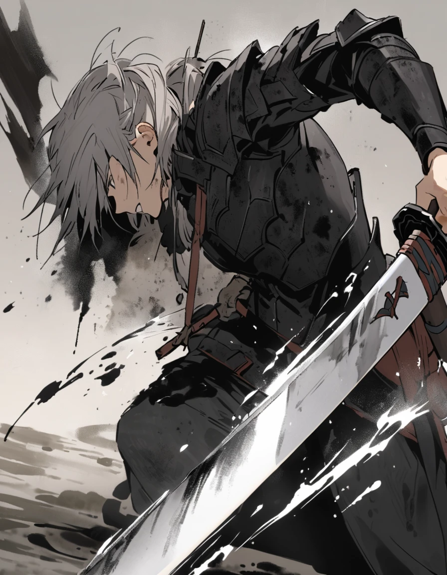 Man with long grey hair 28 years old Putting a Japanese sword into its sheath Black armor is dirty and cracked Ink Painting