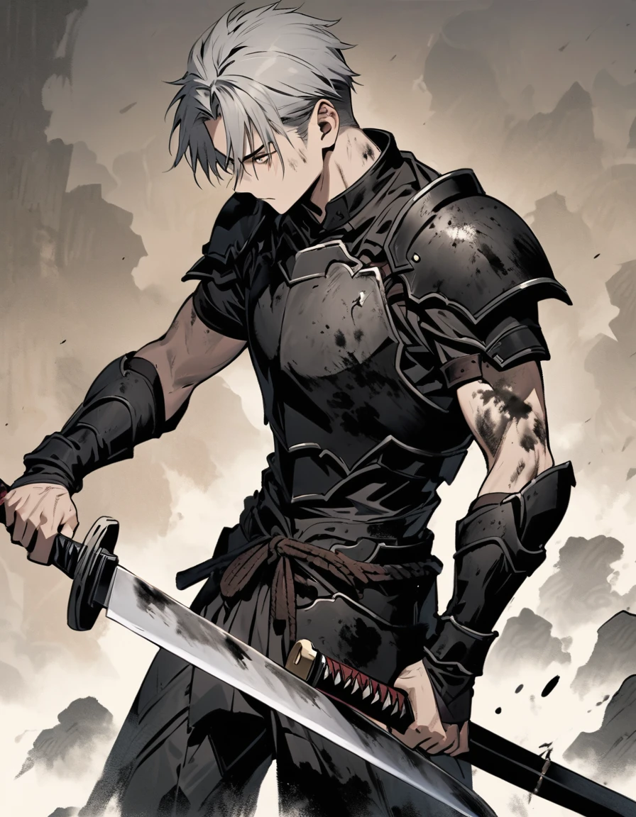 Man with long grey hair 28 years old Putting a Japanese sword into its sheath Black armor is dirty and cracked Ink Painting