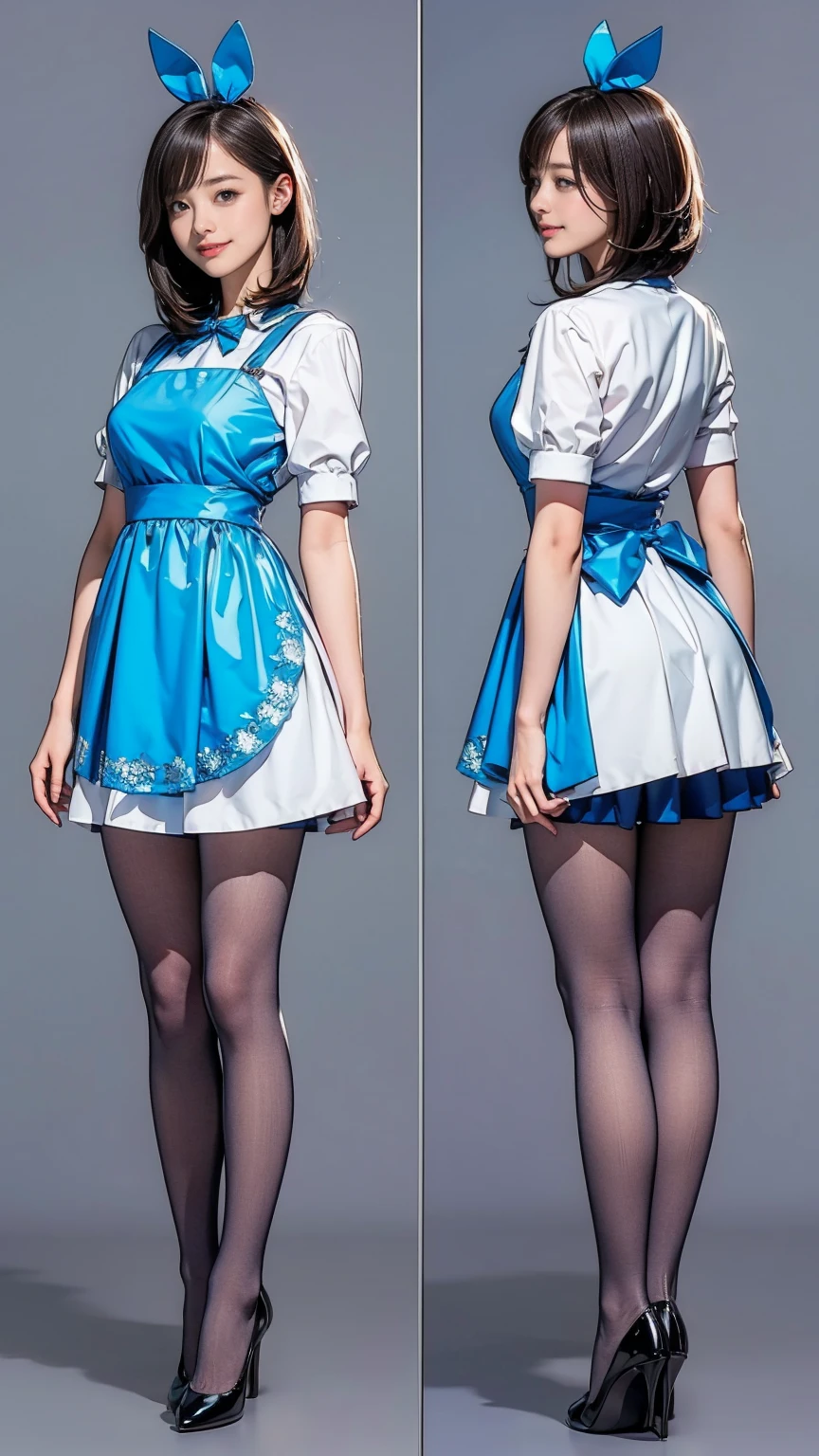 ((masterpiece)),(((Highest quality))),((Character design sheet)),Thin thighs,Long legs,Bunny girl in a light blue maid outfit:1.5,Wearing light blue tights:1.5,The best smile:1.5,Full Body Shot:1.5,Gray background:1.5,Wearing black high heels:1.5,short cut side waves:1.5,