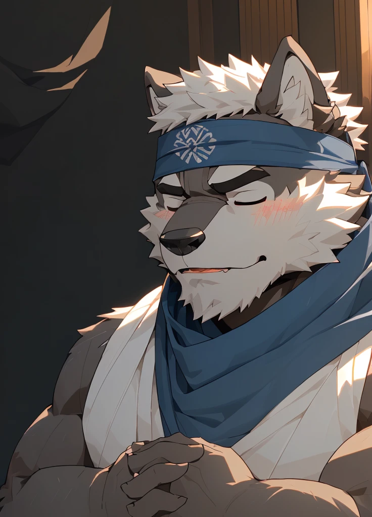 (masterpiece),(Very detailed),(best quality),hairy,Wolf,Dark black fur,white hair,Black eyebrows,Gray pupil,Muscular,(Japan samurai attire),((blue scarf)),((Brown headband)),(blush:1.1),((Hands together:1.3)),((Close your eyes)),(Pious),((Ultra HD close-up:1.4)),8K,(high quality),(Ultra high quality),(Super detailed),(Best Works)