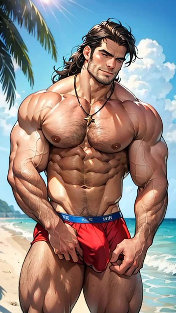 Henry Cavill, bare-chested, massive bulge in the beach underwear, hairy legs wide open, thick thighs, muscular giant, 3 meters tall bodybuilder, flexing, massive biceps, oversized biceps are 240 inches, with long oversized arms, bulging muscles, prominent veins, broad shoulders, beefy build, hefty, muscle swelling, very hot male, beefy pecs, hairy chest, six-pack ABS, hairy abdomen, hairy groin, manly, handsome male, wide jawline, full of muscles veins, stare straight, much testosterone, tough guy, small gold necklace, shy smile.