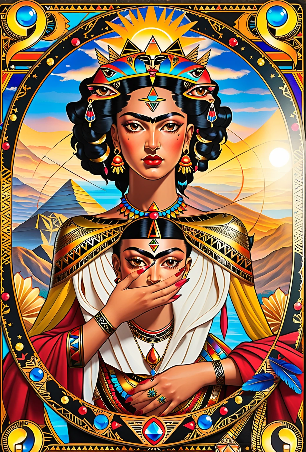 Frida Kahlo as a Tarot Card: score_9, score_8_up, score_7_up, score_6_up, score_5_up,  [ ACOCleopatra],[Black Hair],Cleopatra from Assassin's Creed Origins,[Jewelry],[ancient Egypt],4k,sharp image,detailed, sexy, extremely detailed artgerm,  (masterpiece, best quality:1.2),  (insanely detailed, beautiful detailed, masterpiece, best quality), (insanely detailed, masterpiece, best quality)  of tarot cards, a touch of Frida's signature artistic flair. (best quality, highres, vivid colors, photorealistic, artistic interpretation, detailed portrait), surreal tarot card, Frida Kahlo as a goddess in the tarot deck.