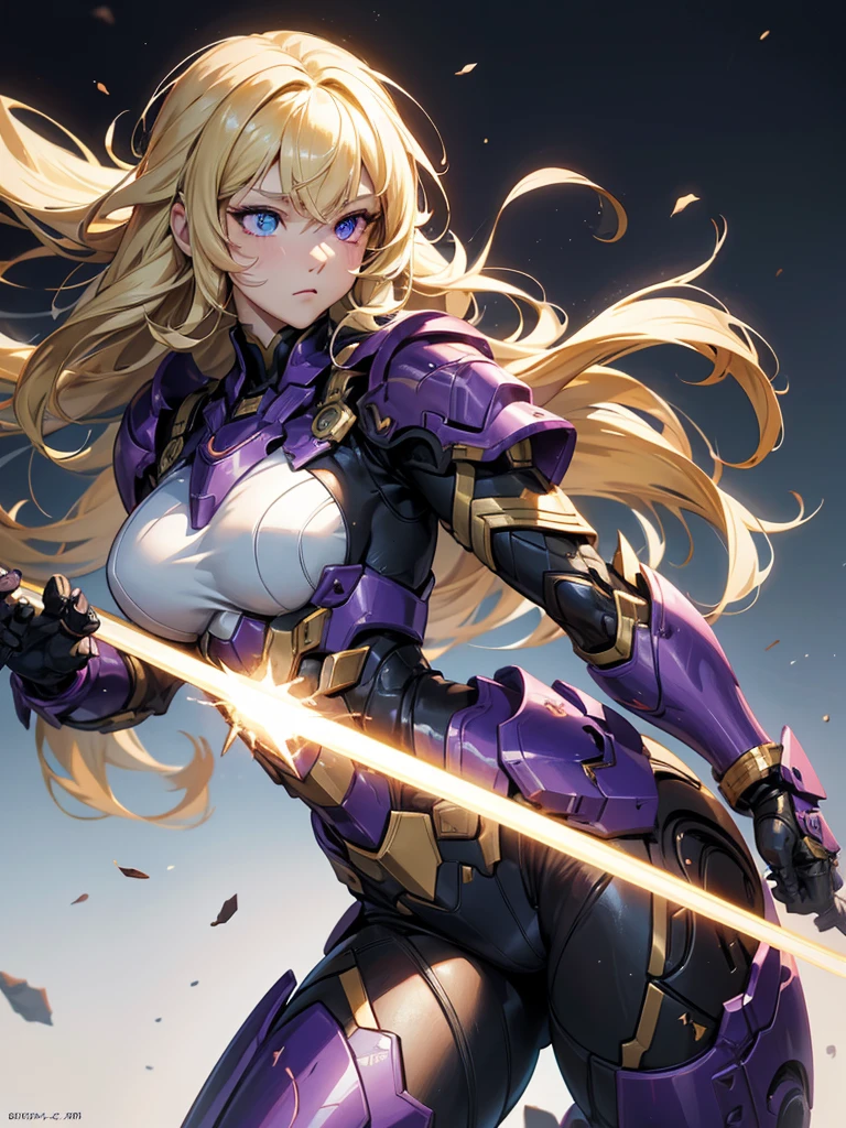 thick outlines, comics, photorealistic, perfect hands, masterpiece:1.2, 1girl, solo, dynamic pose, magic, blonde hair, medium breast, detailed background, detailed face, detailed eyes, odd eyes, red right eye, blue left eye, body armor, purple armor, 2 guns, shooting pose
