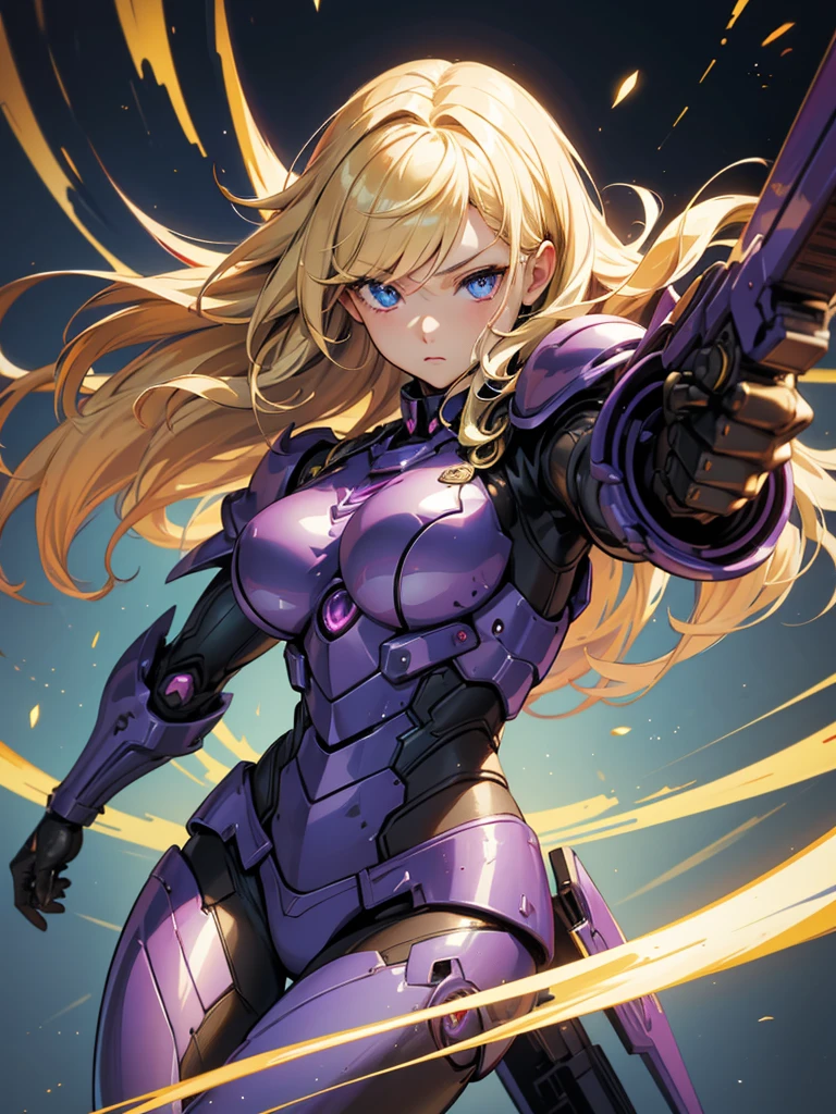 thick outlines, comics, photorealistic, perfect hands, masterpiece:1.2, 1girl, solo, dynamic pose, magic, blonde hair, medium breast, detailed background, detailed face, detailed eyes, odd eyes, red right eye, blue left eye, body armor, purple armor, 2 guns, shooting pose