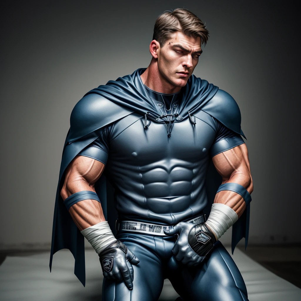 A full-body 3D male realistic model, wearing a full-body hero suit and cape in the pattern of a professional baseball uniform, a very short-haired, crew-cut, cool, dandy-looking, veteran-aged man with a shiny, sparkling blue cape that is longer than his body, gloves and a cap are always worn, an original hero, only the eyebrows, eyelashes and eyes are visible, his mouth is bandaged and sealed, the upper half of his face is bare with a sharp look in his eyes, he has six-pack abs, a muscular, macho, sturdy body and is cool, with both legs closed and both hands clasped behind his back in an X shape, his whole body tied up and sealed with duct tape and held. Tired, he has collapsed and is sleeping with his eyes closed. A coat of arms, in a dark room background, his whole body facing forward, backward, left and right (north, south, east and west), an image of him being mummified and restrained