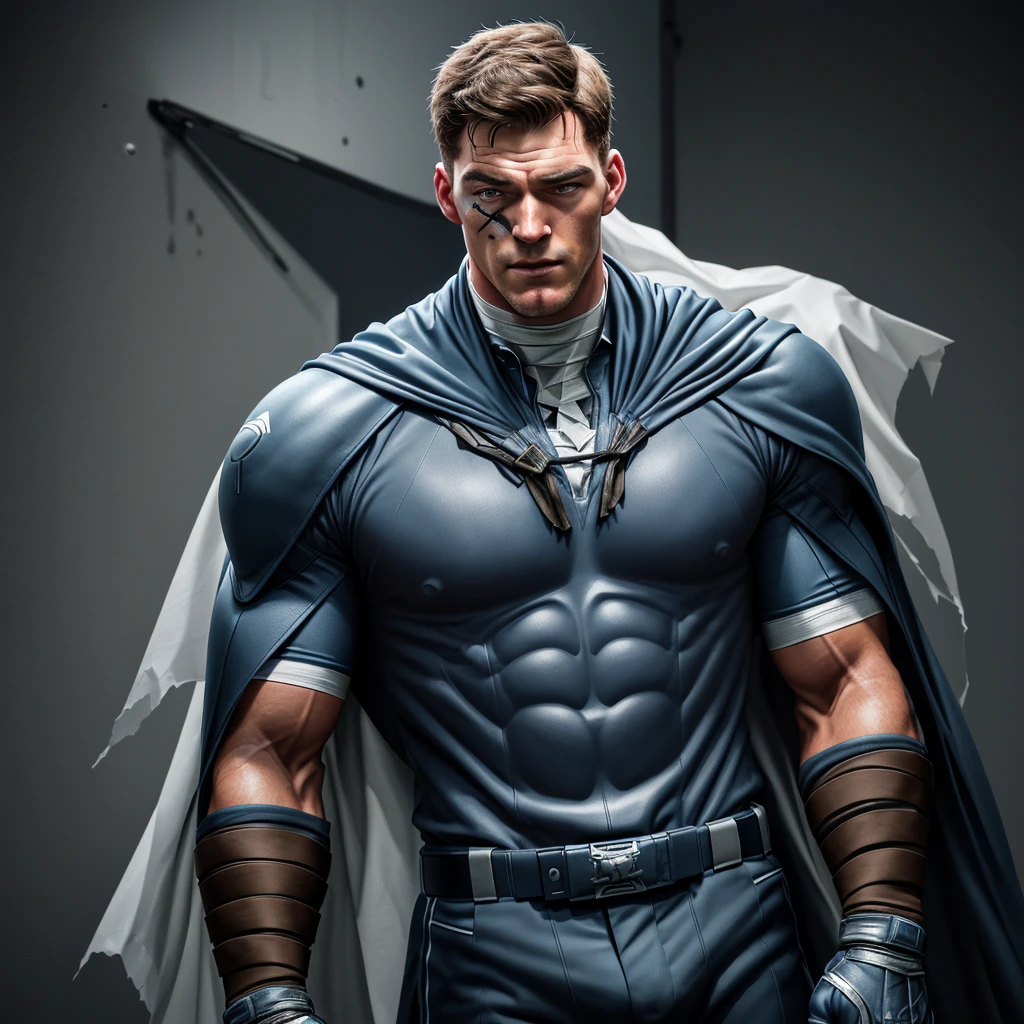 A full-body 3D male realistic model, wearing a full-body hero suit and cape in the pattern of a professional baseball uniform, a very short-haired, crew-cut, cool, dandy-looking, veteran-aged man with a shiny, sparkling blue cape that is longer than his body, gloves and a cap are always worn, an original hero, only the eyebrows, eyelashes and eyes are visible, his mouth is bandaged and sealed, the upper half of his face is bare with a sharp look in his eyes, he has six-pack abs, a muscular, macho, sturdy body and is cool, with both legs closed and both hands clasped behind his back in an X shape, his whole body tied up and sealed with duct tape and held. Tired, he has collapsed and is sleeping with his eyes closed. A coat of arms, in a dark room background, his whole body facing forward, backward, left and right (north, south, east and west), an image of him being mummified and restrained