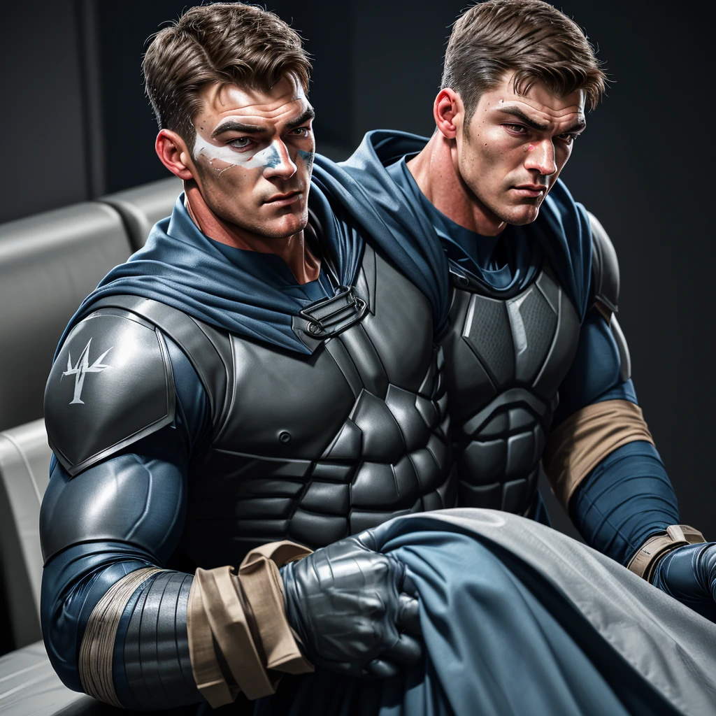 A full-body 3D male realistic model, wearing a full-body hero suit and cape in the pattern of a professional baseball uniform, a very short-haired, crew-cut, cool, dandy-looking, veteran-aged man with a shiny, sparkling blue cape that is longer than his body, gloves and a cap are always worn, an original hero, only the eyebrows, eyelashes and eyes are visible, his mouth is bandaged and sealed, the upper half of his face is bare with a sharp look in his eyes, he has six-pack abs, a muscular, macho, sturdy body and is cool, with both legs closed and both hands clasped behind his back in an X shape, his whole body tied up and sealed with duct tape and held. Tired, he has collapsed and is sleeping with his eyes closed. A coat of arms, in a dark room background, his whole body facing forward, backward, left and right (north, south, east and west), an image of him being mummified and restrained