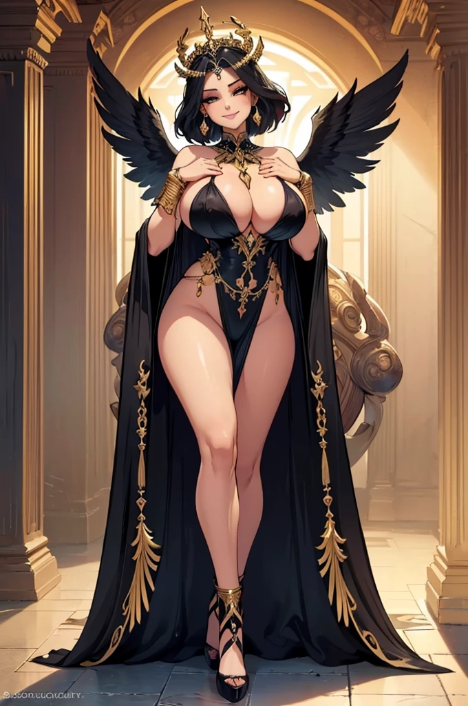 (masterpiece, best quality, high resolution, ((full body standing)), ,(((huge breasts))) 1 beautiful woman, sensual body, ((huge breasts)) ancient goddess of beautiful appearance, with black wings , fantasy goddess black dress, sensual pose, flirtatious smile, jewelry, gold accessories,
