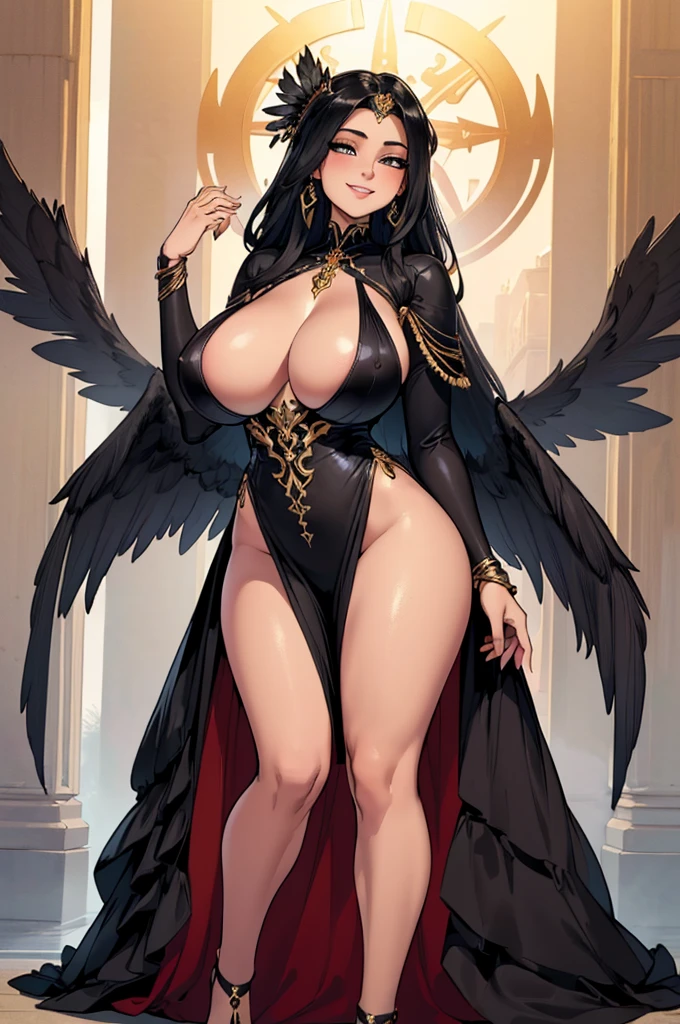 (masterpiece, best quality, high resolution, ((full body standing)), ,(((huge breasts))) 1 beautiful woman, sensual body, ((huge breasts)) ancient goddess of beautiful appearance, with black wings , fantasy goddess black dress, sensual pose, flirtatious smile, jewelry, gold accessories,