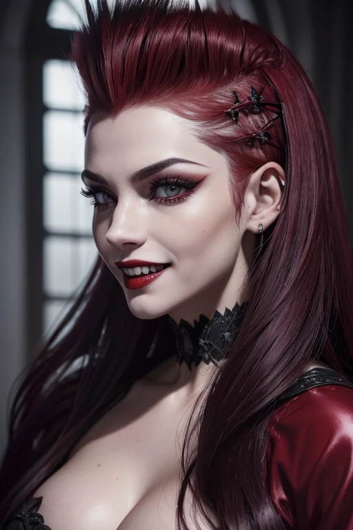 8k,(Sharp focus:1.1) reina vampiro,((Su boca estaba cubierta de sangre)), gota de sangre, Cabello manchado de sangre, ruby tiara, mirando, sombra oscura, intensidad, fanatismo, 8k, alta calidad, detalles intrincado, ojos rojos brillantes,Puedes ver al vampiro.tetas grandes colmillos,Enfatiza el escote,Vampire fangs from the mouth of a manic smile.,A high resolution,Super realistic skin,Maniacal,pelo mohawk rojo brillante,desnuda