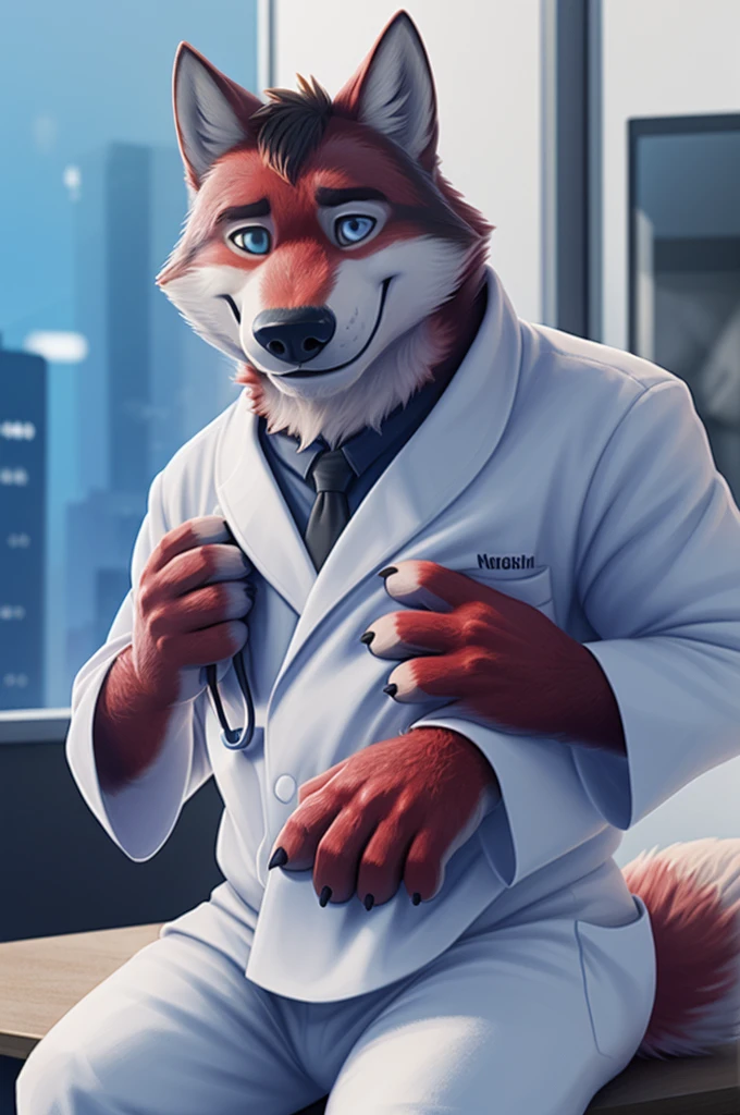 Ivan Fedorovich Wolfbach (Novosibirsk) ,tall handsome, wolf,young, 24 years, brown fur,Kind,(red body:1.3),beautiful blue eyes,Novosibirsk,dressed, white medina robe, stethoscope,Dr,shirt,black tie,trousers,canine, wolf, detailed fur, male, antro, paw pads, finger claws,at viewer, 5 fingers, paws, 5 fingers, smile, wrist watch, т nextel,by xenoforge, (difficult, high detail, digital photography, soft focus, RAW species театр,very close to the camera, species,Novosibirsk, smile, a good mood, positive, very close to the camera,sitting in the office, with newborns, stethoscope, 
Photorealism, realistic, photorealistic, digital style, Subsurface scattering,Looking at the viewer,hugs the she-wolf, 
masterpiece, Best quality, ultra realistic, 8 k)