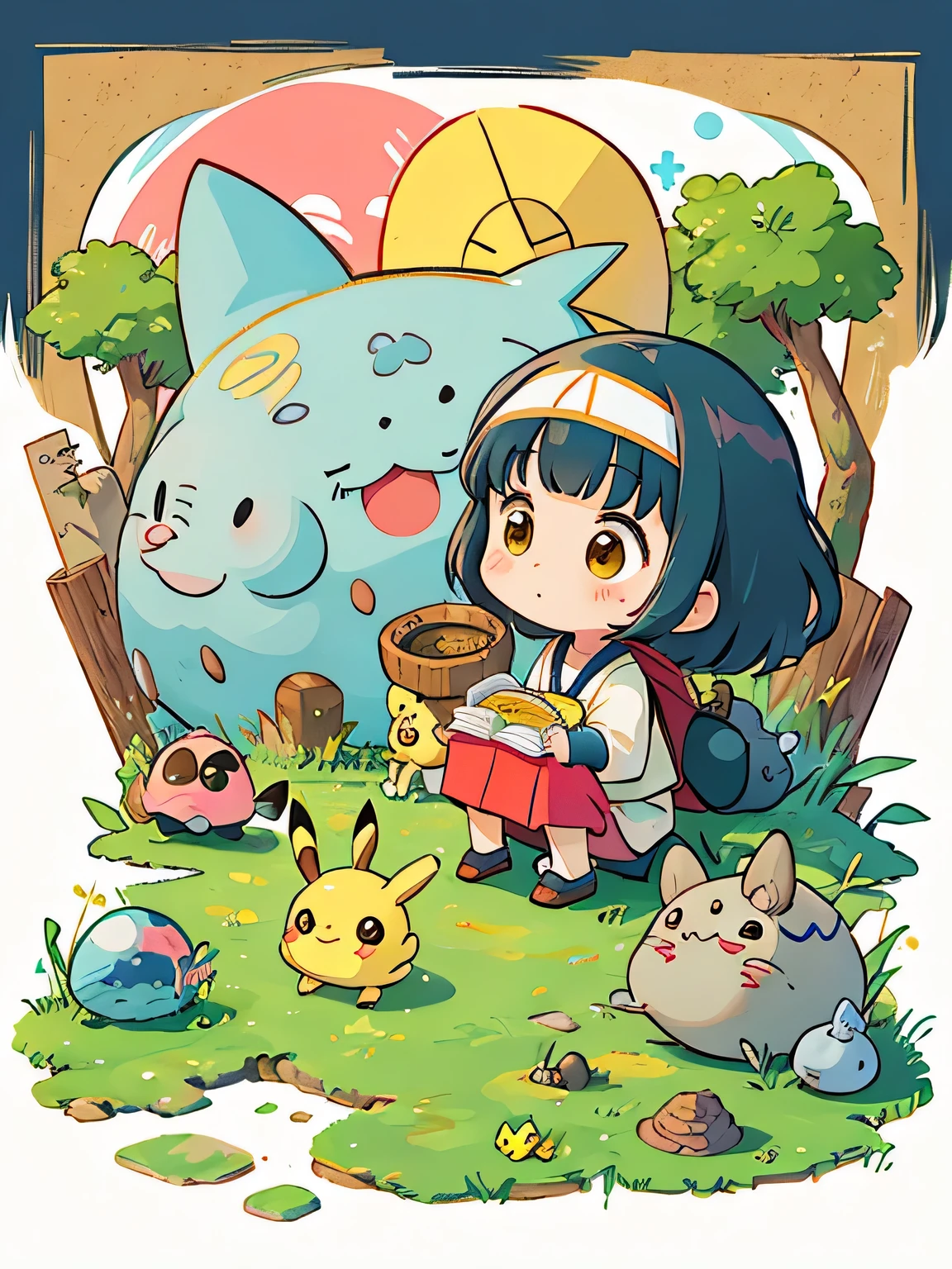 Hayao Miyazaki style、Kawaii Design, most beautiful girl ever、Chibi, (((expedition)))、(((primitive times))), Prince Shotoku, Pikachu, Totoro, Lunar Surface, Colorful and cute pillbugs, 