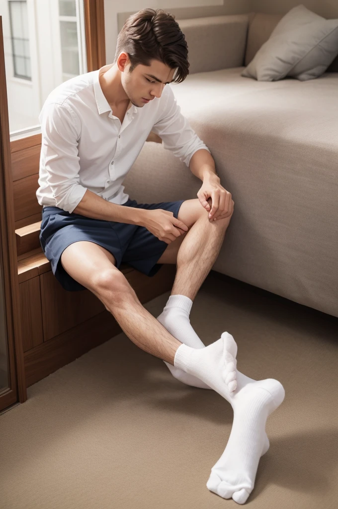 A man taking his white socks off his feet 