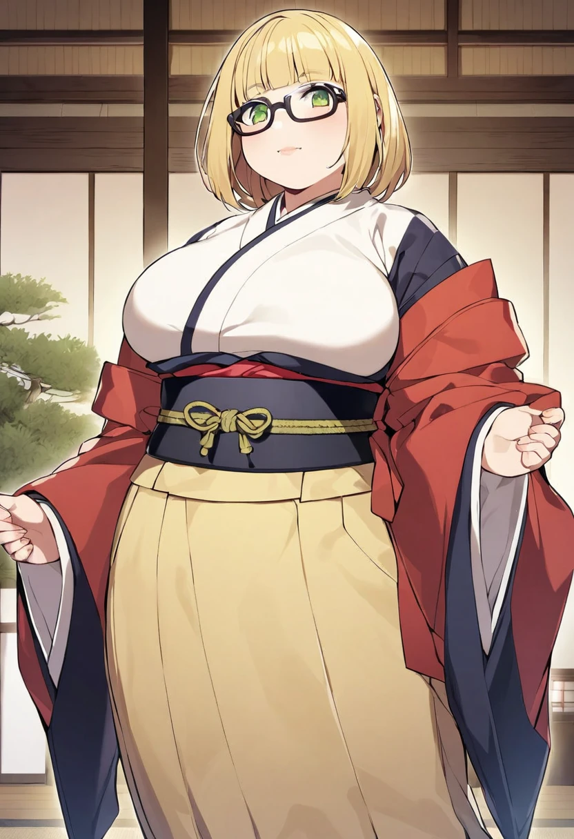 chubby girl, blonde, green eyes, medium length hair, glasses with black square frames Japanese clothing style, ancient japan