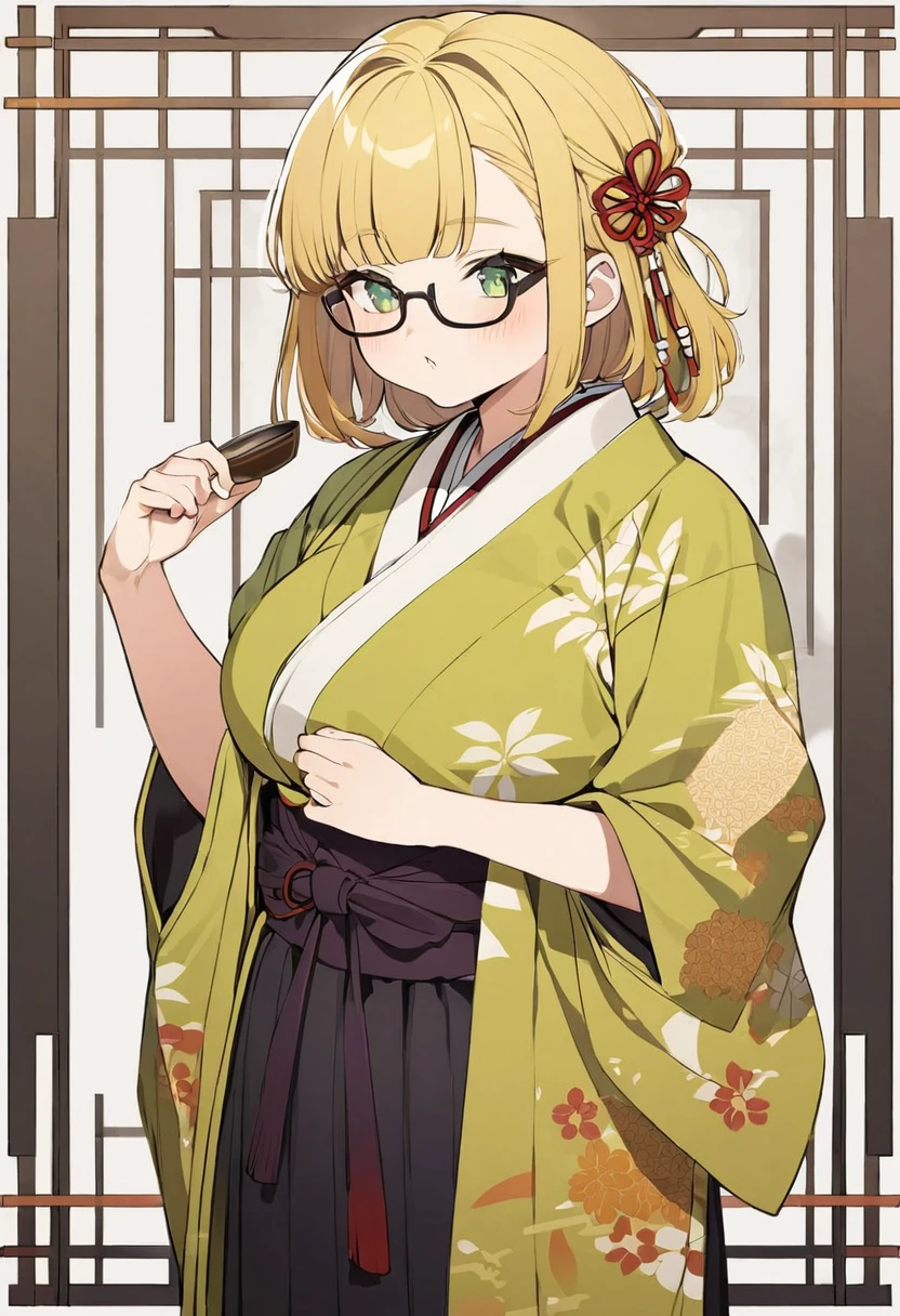 chubby girl, blonde, green eyes, medium length hair, glasses with black square frames Japanese clothing style, ancient japan