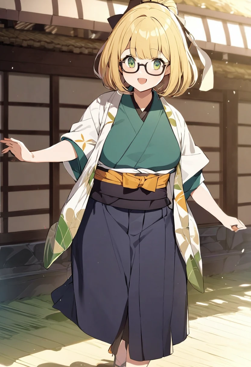 chubby girl, blonde, green eyes, medium length hair, glasses with black square frames Japanese clothing style, ancient japan
