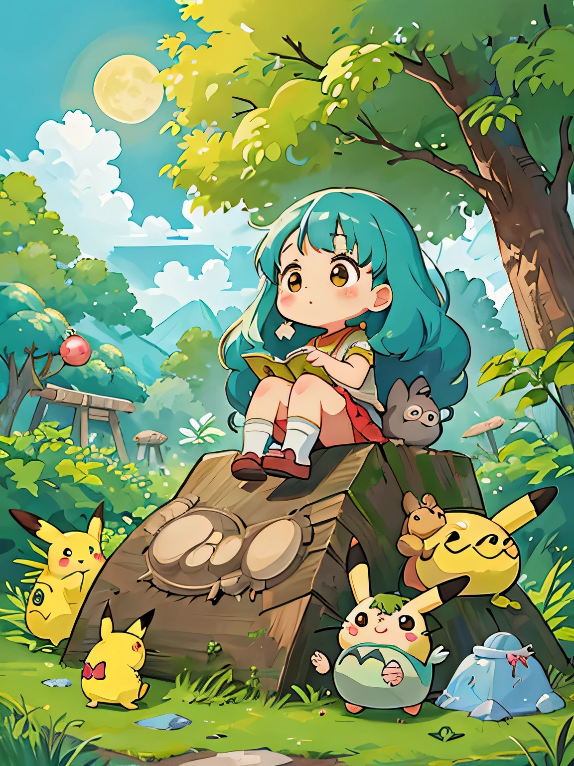Hayao Miyazaki style、Kawaii Design, most beautiful girl ever、Chibi, (((expedition)))、(((primitive times))), Prince Shotoku, Pikachu, Totoro, Lunar Surface, Colorful and cute pillbugs,