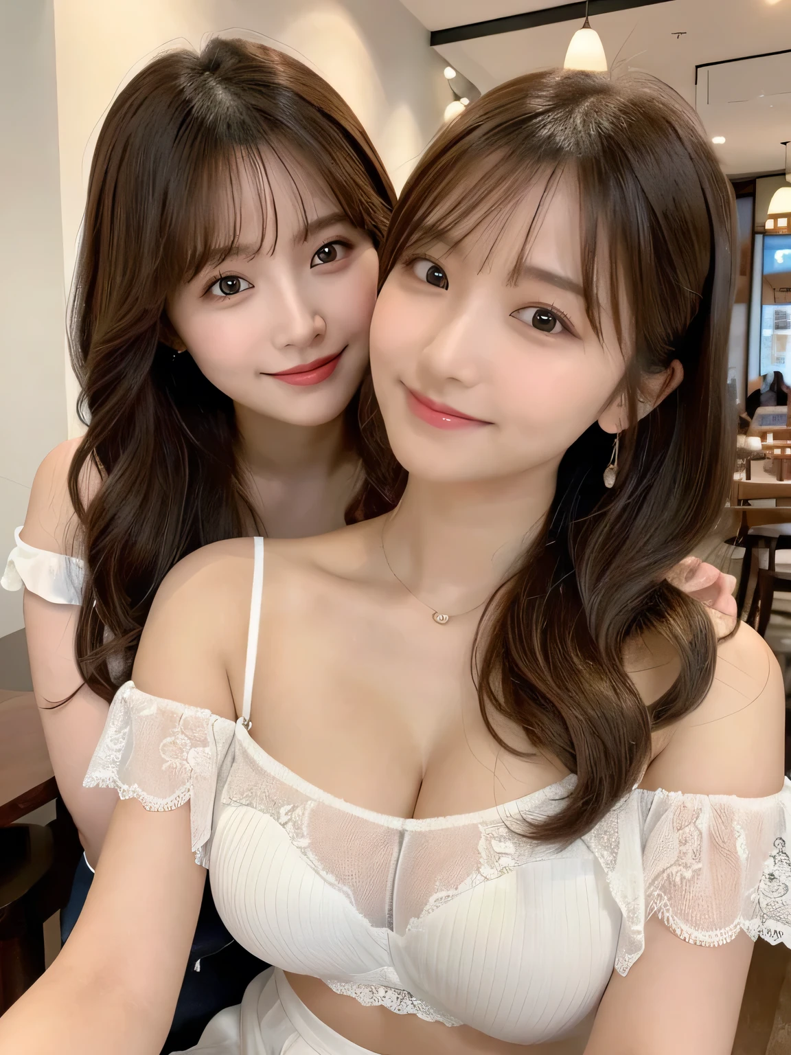(((2 Girls Two Shot (2 Girls Two Shots)))), Realistic:1.2,masterpiece,Highest quality,98k,((Two Women)),20-year-old,47-years-old,Japanese women、Tight waist,Perfect Anatomy, Brown Hair, Wavy Hair,Random Hairstyles,Big beautiful breasts,((Fully detailed face and eyes:1.2))((Cute face:1.2)),Random Pause,smile, Full Body Shot,Natural Face,Big Breasts,Off-the-shoulder top reveals cleavage,A photo of two women wearing lace shorts blouse at the cafe,