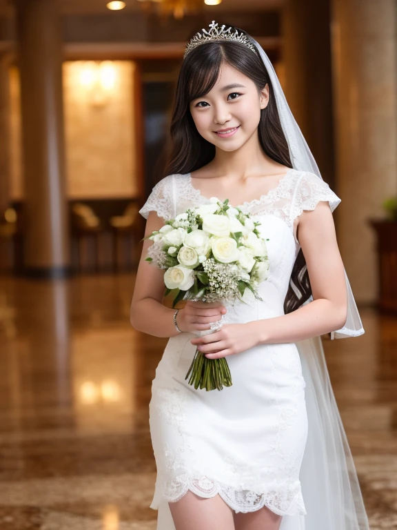 Super detailed,Super detailed,high quality,Attention to detail,最high quality,(((最high quality, High resolution, Attention to detail)))), Actual Photos,Highest im年 quality, Realistic, One Girl、18 year old student、Smile、huge 、A perfectly fitted T-shirt、Show lower milk、White lace ultra-mini wedding dresicro mini wedding dress、Princess、tiara、Thighs、Calf、Sandals、In the hotel lobby、Standing、8k holding a bouquet of white flowers in both hands