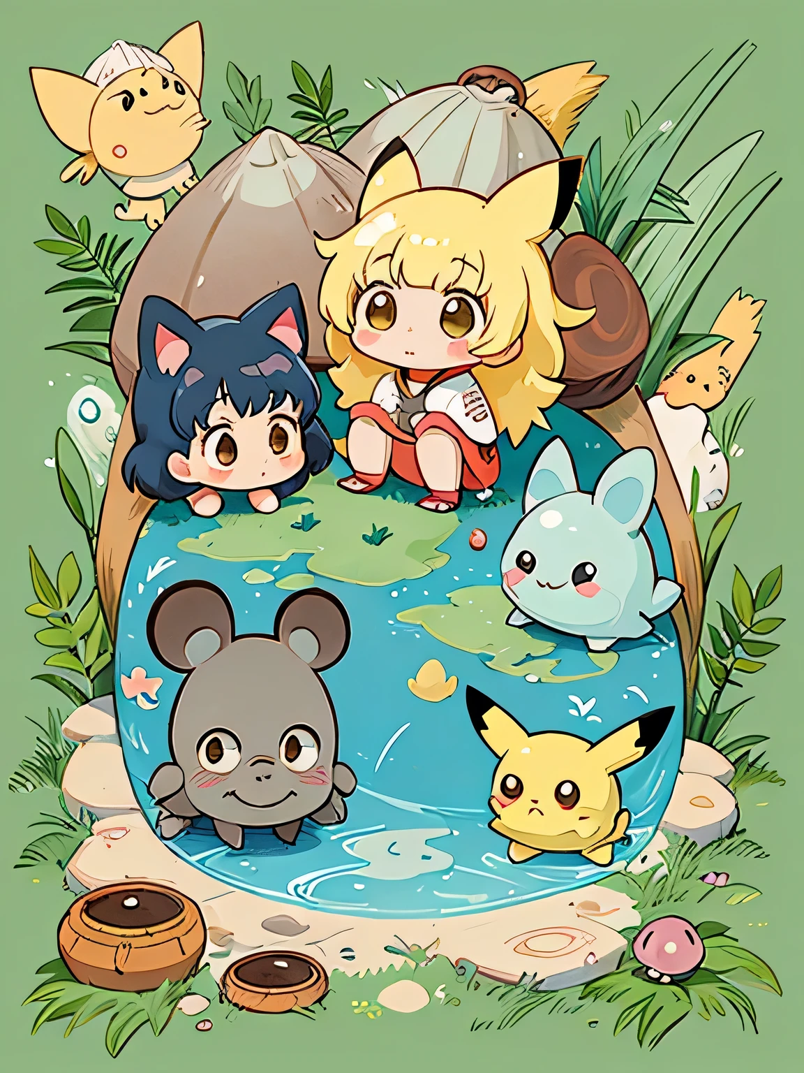 Hayao Miyazaki style、Kawaii Design, most beautiful girl ever、Chibi, (((expedition)))、(((primitive times))), Prince Shotoku, Pikachu, Totoro, Lunar Surface, Colorful and cute pillbugs, 