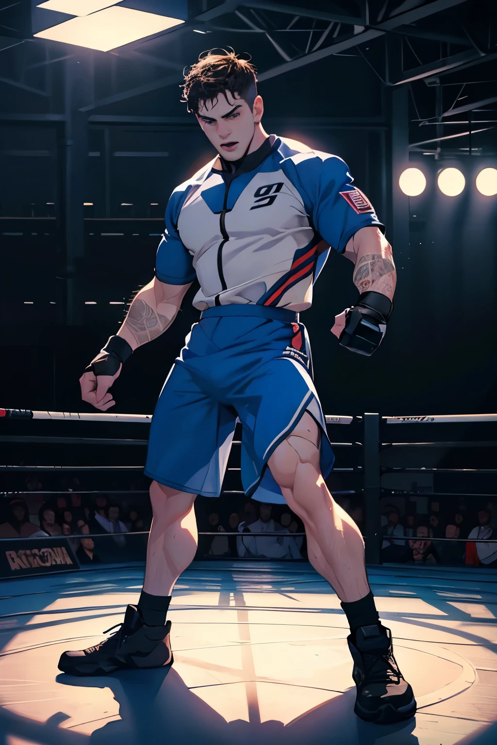 a esguio male wrestler in a wrestling uniform in forrest, full body shot, detailed facial features, dynamic fighting pose, highly detailed, photorealistic, 8k, (best quality:1.2), (realistic:1.37), cinematic lighting, dramatic shadows, moody color palette, gritty texture, powerful, masculine