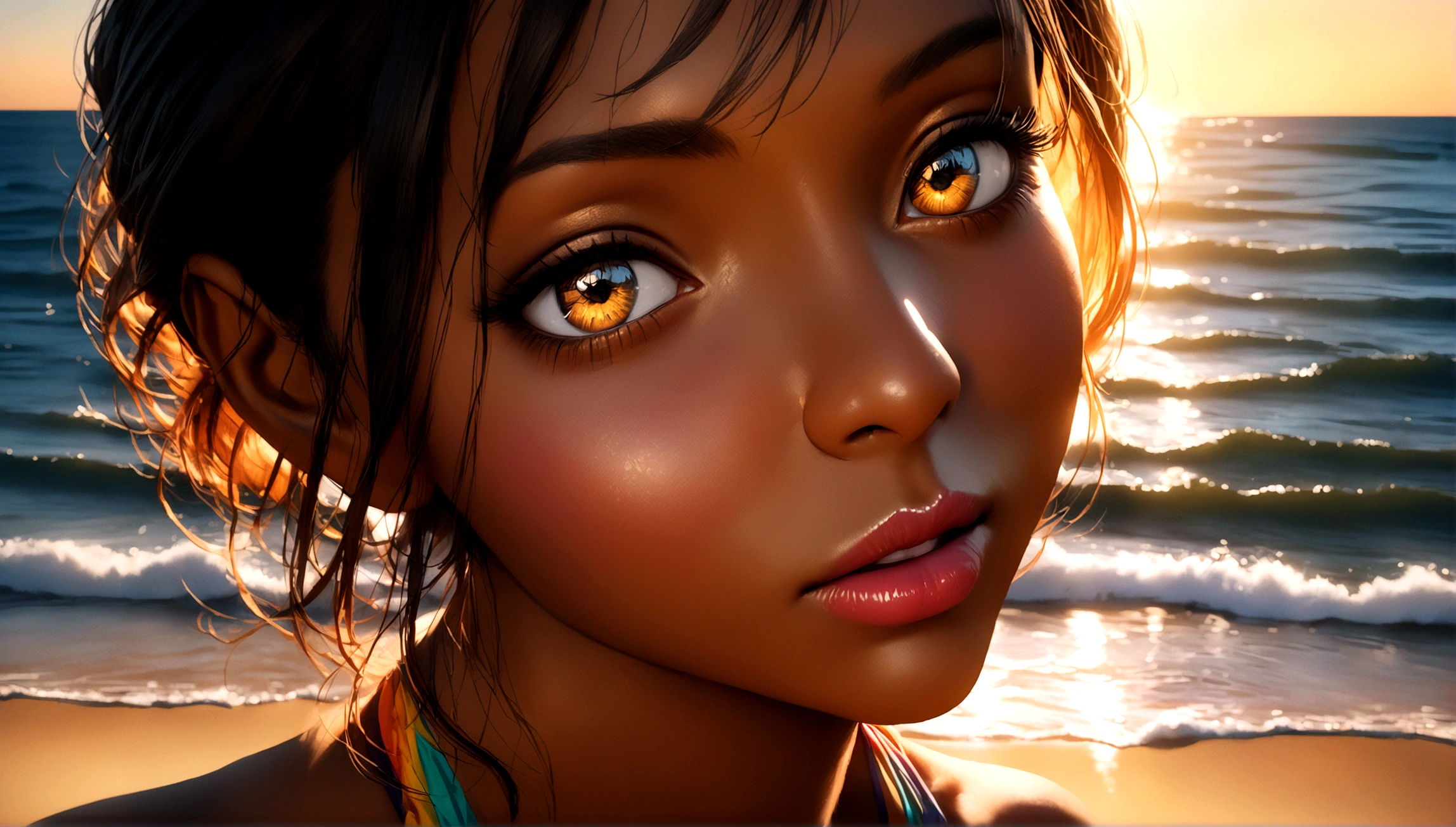 a brown skinned girl, beautiful detailed eyes, beautiful detailed lips, extremely detailed face and skin, long eyelashes, wearing a colorful bikini, sitting on the beach, ocean waves in the background, warm sunlight, golden hour lighting, cinematic color grading, photorealistic, highly detailed, 8k, best quality