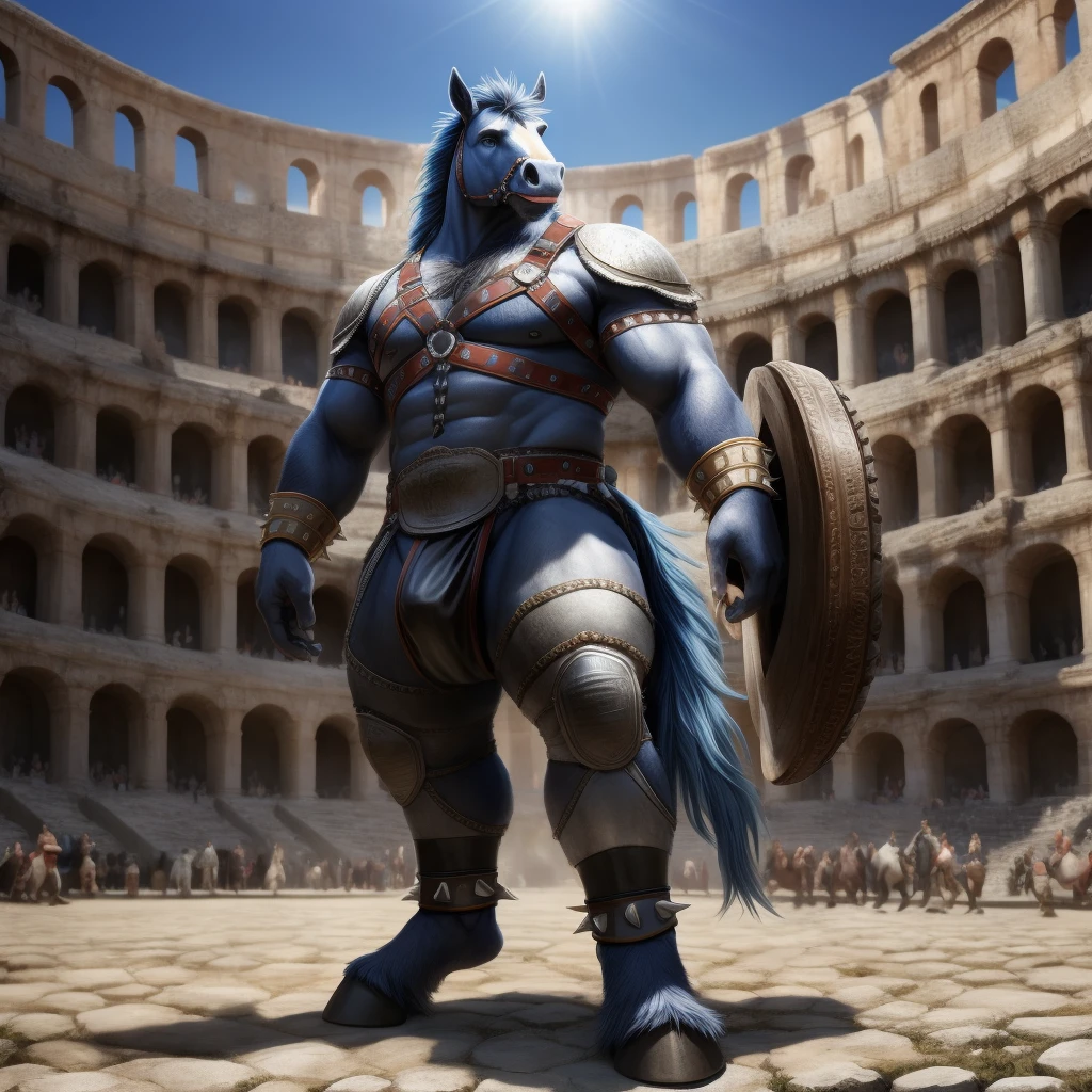 Furry, Kemono, Antropomorphic, Equine, Horse, (Color White), Furry Antropometric legs, Hooves, Antro body, Bigg Ass, Male Bulge, Bigg Balls, Full body, Braided Mane, Roman gladiator armor, Gladiator, Black leather harness, Spiked Anklet, White fitted fundoshi, Roman coliseum arena, Blue Pupil Eyes, High Resolution, 4K Detailed, Good Lighting, Beautiful, Photorealistic, Realistic