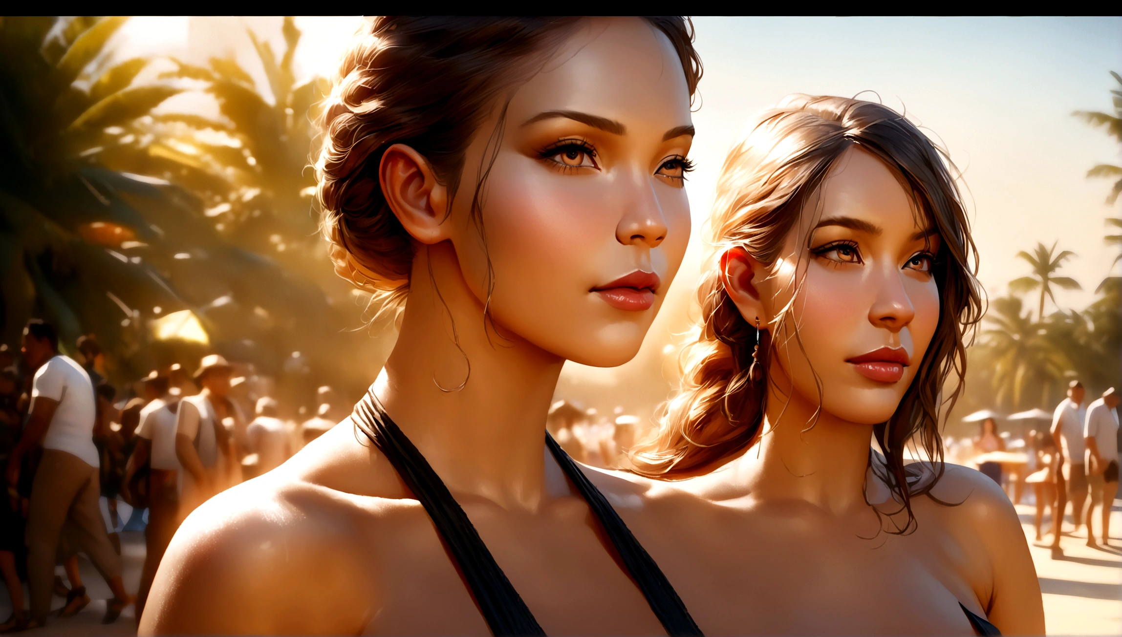 a beautiful brown skinned girl in a bikini, high quality detailed portrait,(best quality,4k,8k,highres,masterpiece:1.2),ultra-detailed,(realistic,photorealistic,photo-realistic:1.37),extremely detailed face and skin,detailed eyes and lips,long eyelashes,perfect body proportions,sexy curves,detailed fabric textures,tropical beach background,golden hour lighting,vibrant colors,cinematic composition