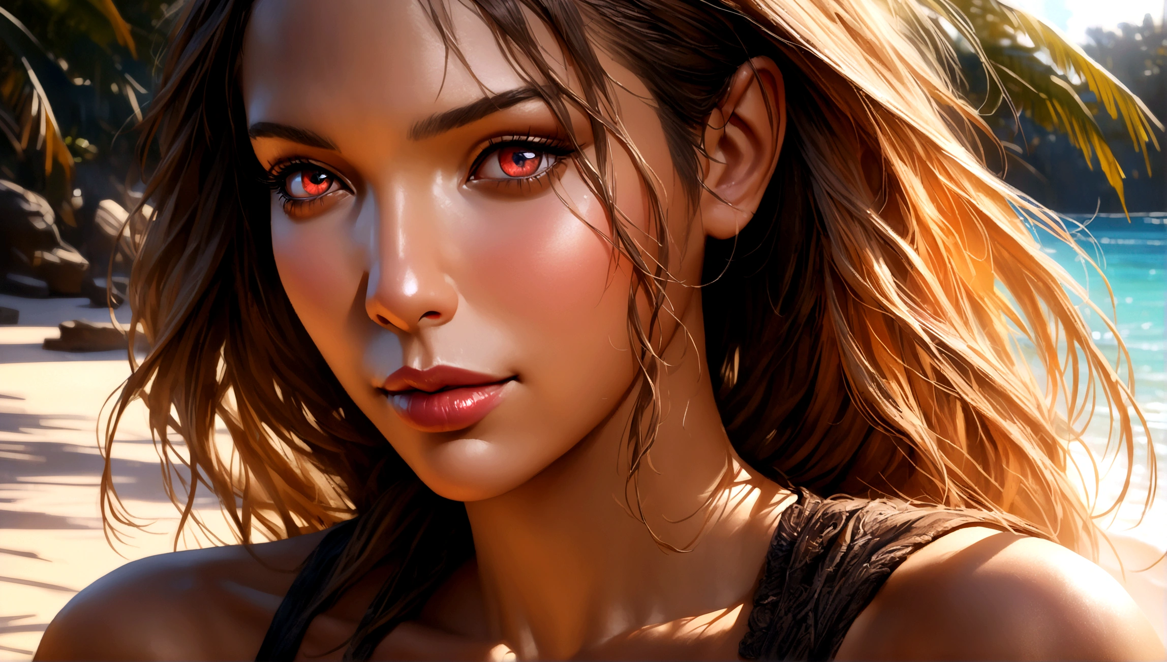 a beautiful brown skinned girl in a bikini, high quality detailed portrait,(best quality,4k,8k,highres,masterpiece:1.2),ultra-detailed,(realistic,photorealistic,photo-realistic:1.37),extremely detailed face and skin,detailed eyes and lips,long eyelashes,perfect body proportions,sexy curves,detailed fabric textures,tropical beach background,golden hour lighting,vibrant colors,cinematic composition