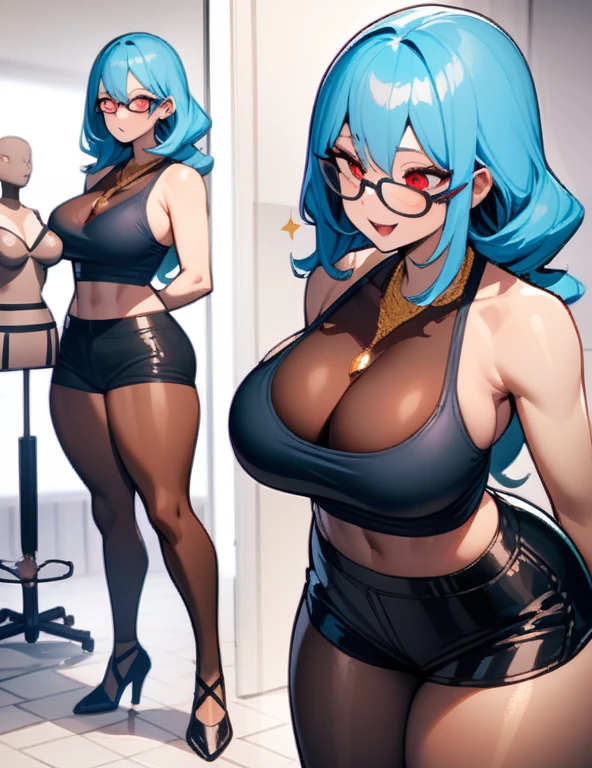 (masterpiece), best quality, expressive eyes, perfect succubus girl hybrid face, long cyan and blue hair, reddish red eyes, glasses, happy, navy blue tank top, gold necklace between her breasts, black sports mini shorts, perfect mega big breasts, thick thighs, perfect big ass, boutique, maintaining a mannequin while she transforms into a plastic one, nfsw
