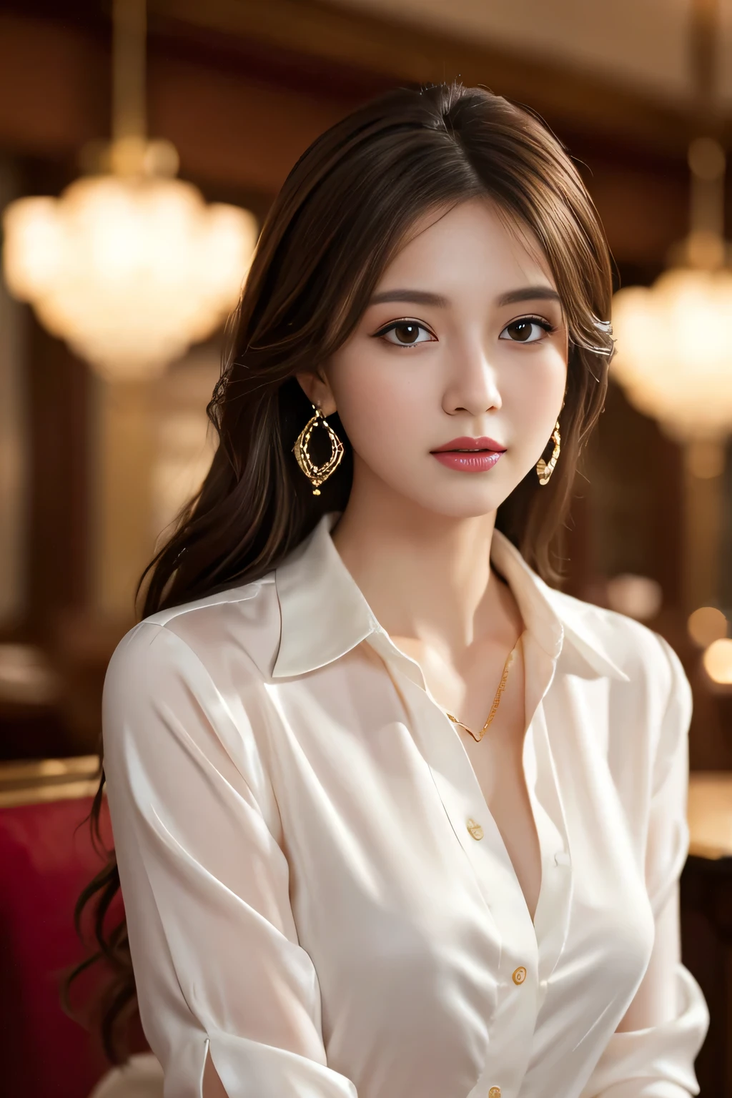 masterpiece, Highest quality, Realistic, Very detailed, Finer details, High resolution, 8k wallpaper, One beautiful woman, Wear an elegant silk shirt, In a great restaurant, At night, Light brown messy hair, Perfect dynamic composition, Beautiful and beautiful eyes、Big earrings